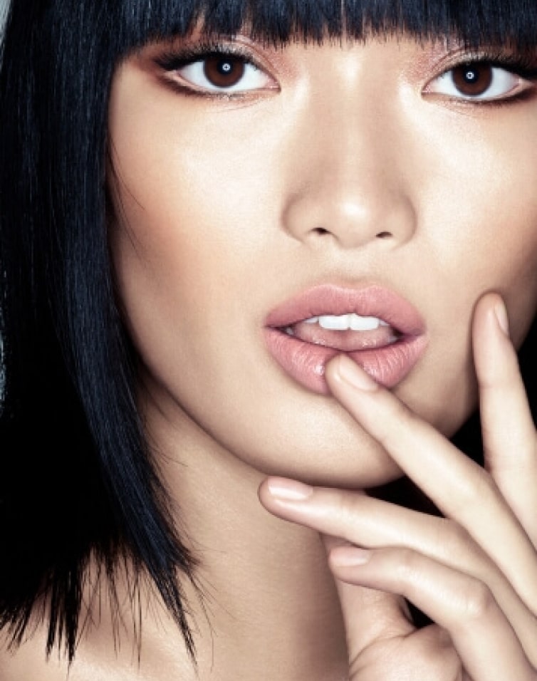close-up beauty photography of model with black hair